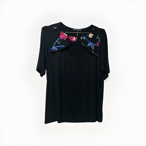 Kim & Cami Blouse Womens 1X Black Floral Embroidered Sheer Peek A Boo Neckline